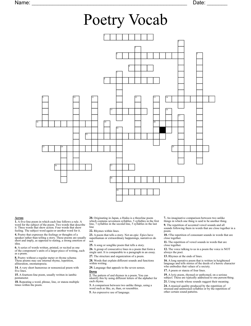 Poetry Vocab Crossword