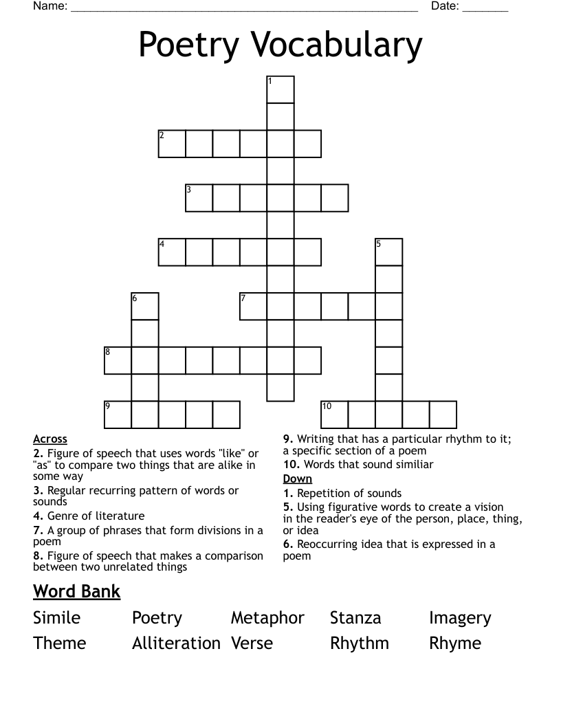 Poetry Vocabulary Crossword