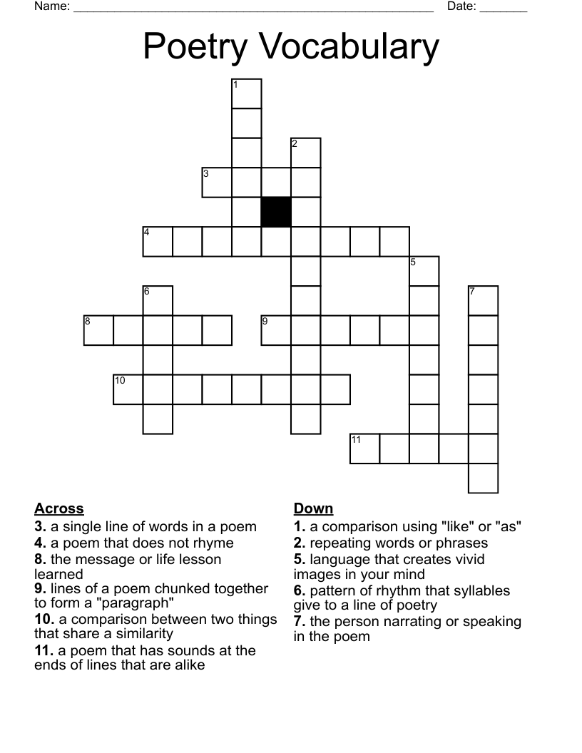 Poetry Vocabulary Crossword