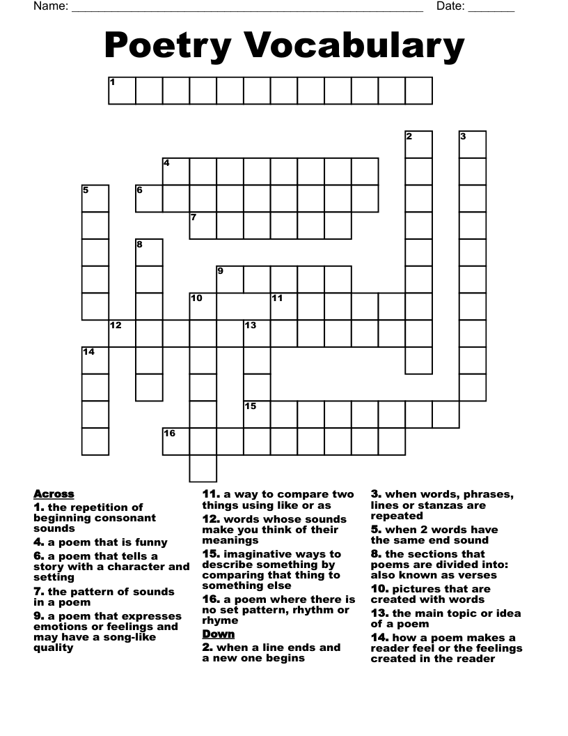 Poetry Vocabulary Crossword