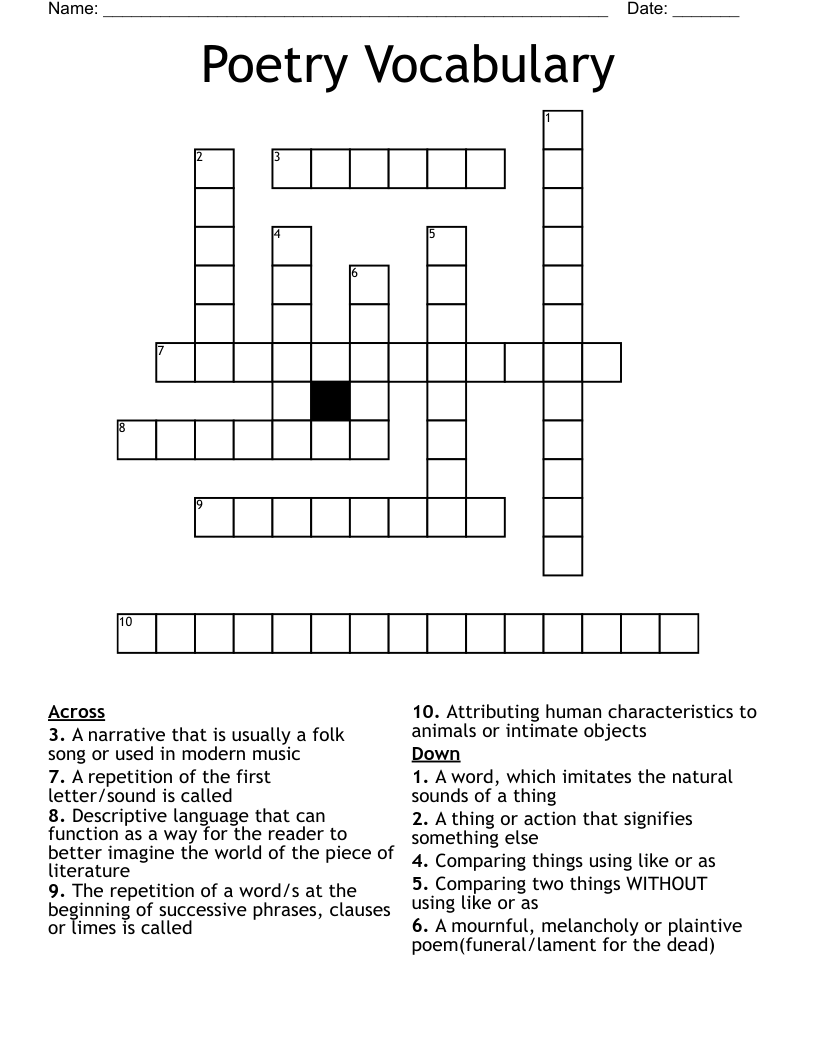 Poetry Vocabulary Crossword