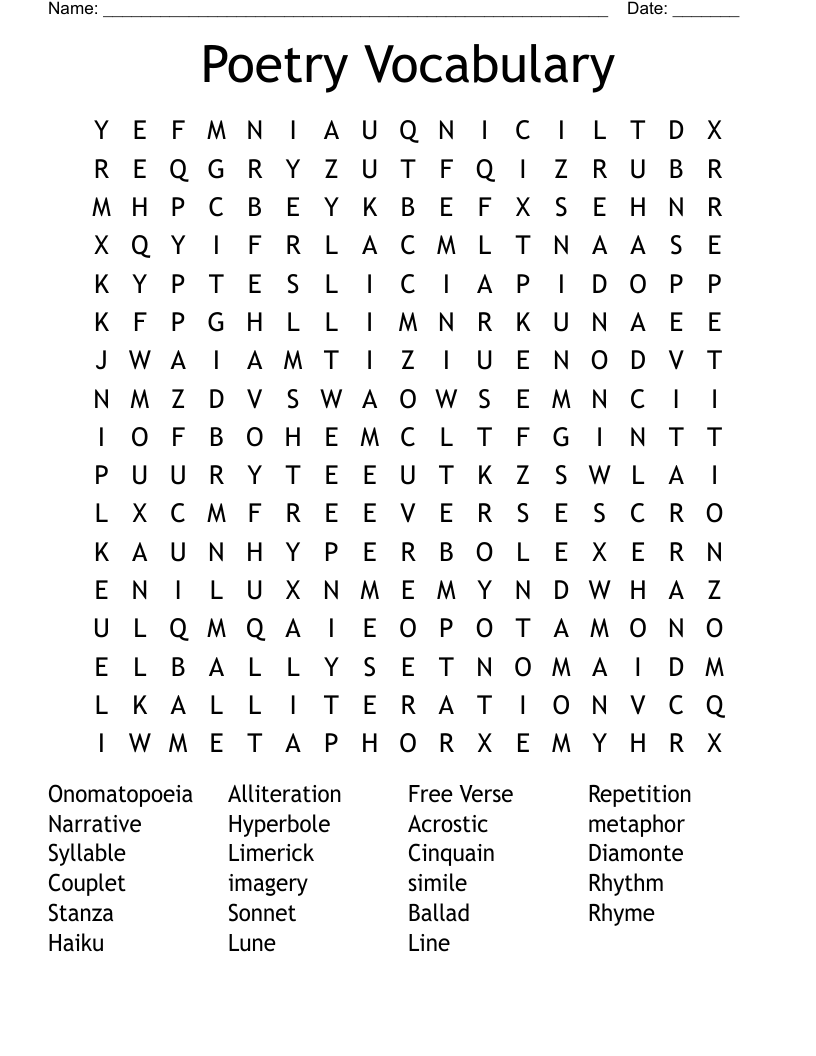 Poetry Vocabulary Word Search