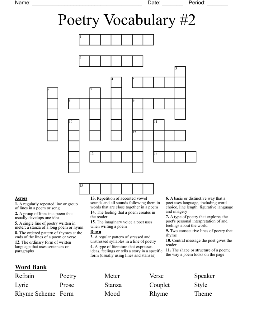 Poetry Vocabulary #2 Crossword