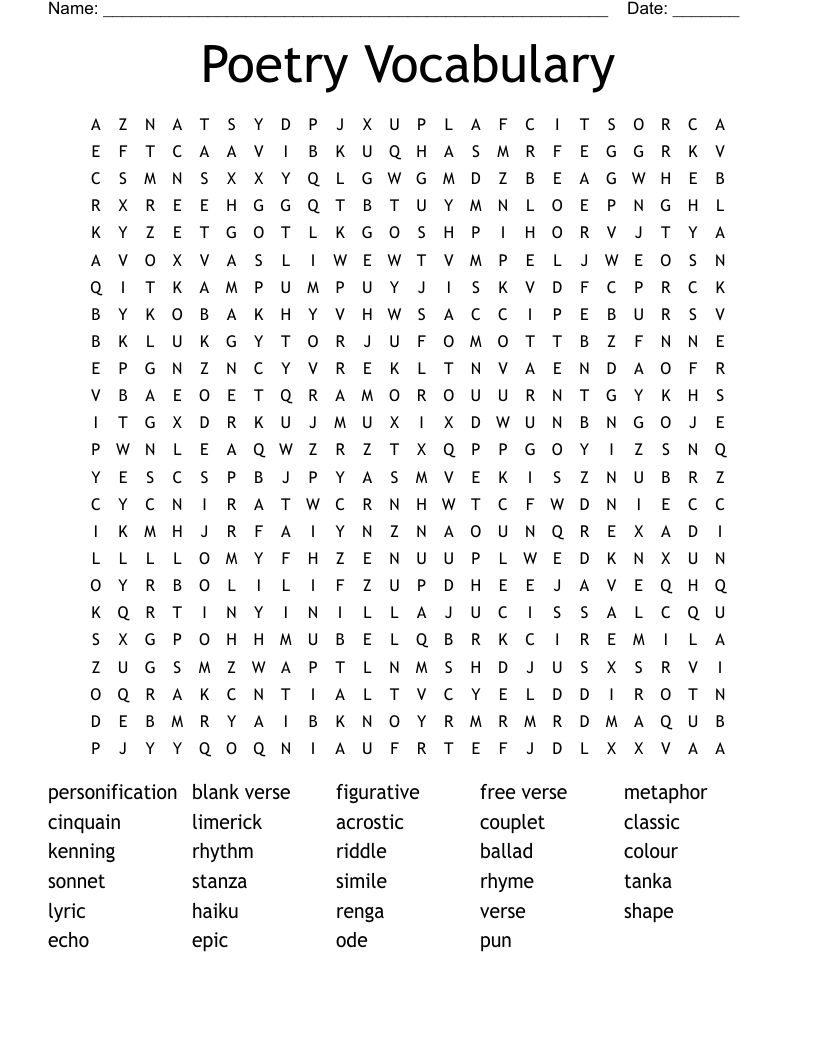 Poetry Vocabulary Word Search