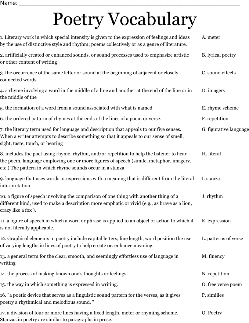 Poetry Vocabulary Worksheet