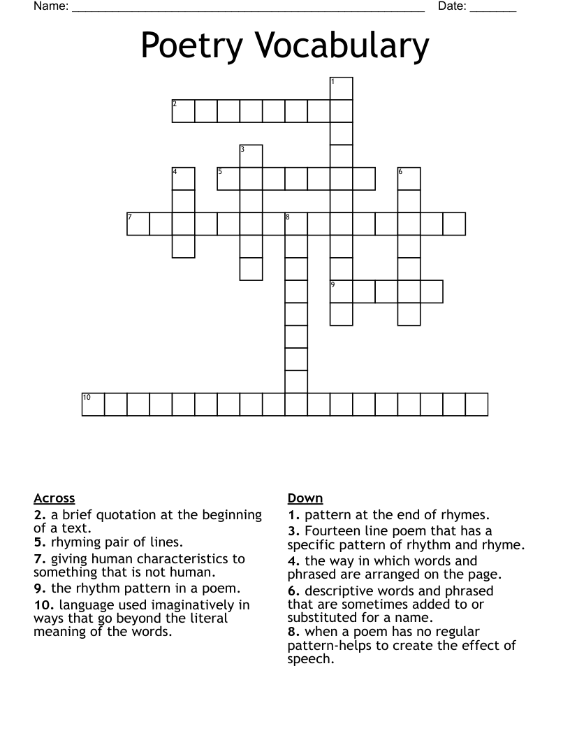 Poetry Vocabulary Crossword