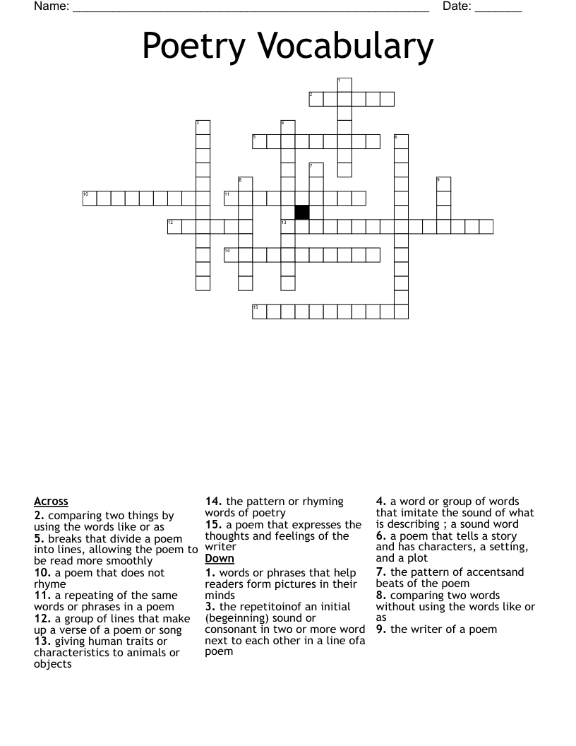 Poetry Vocabulary Crossword
