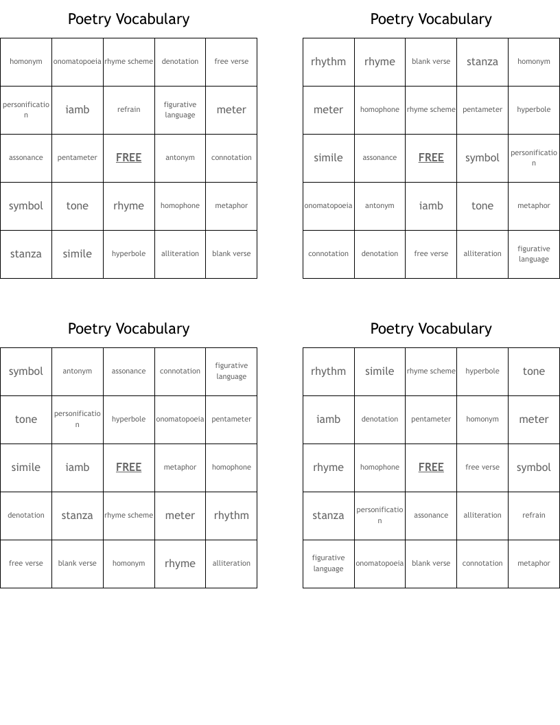 Poetry Vocabulary Bingo Cards