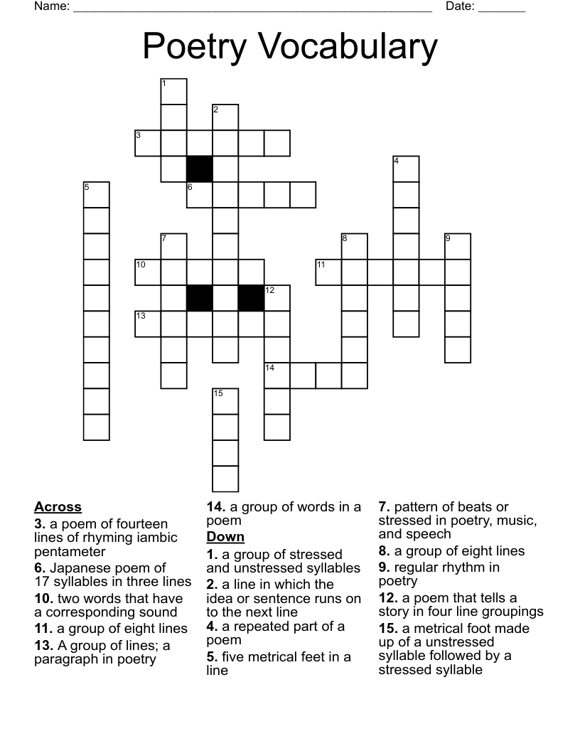 Poetry Vocabulary Crossword