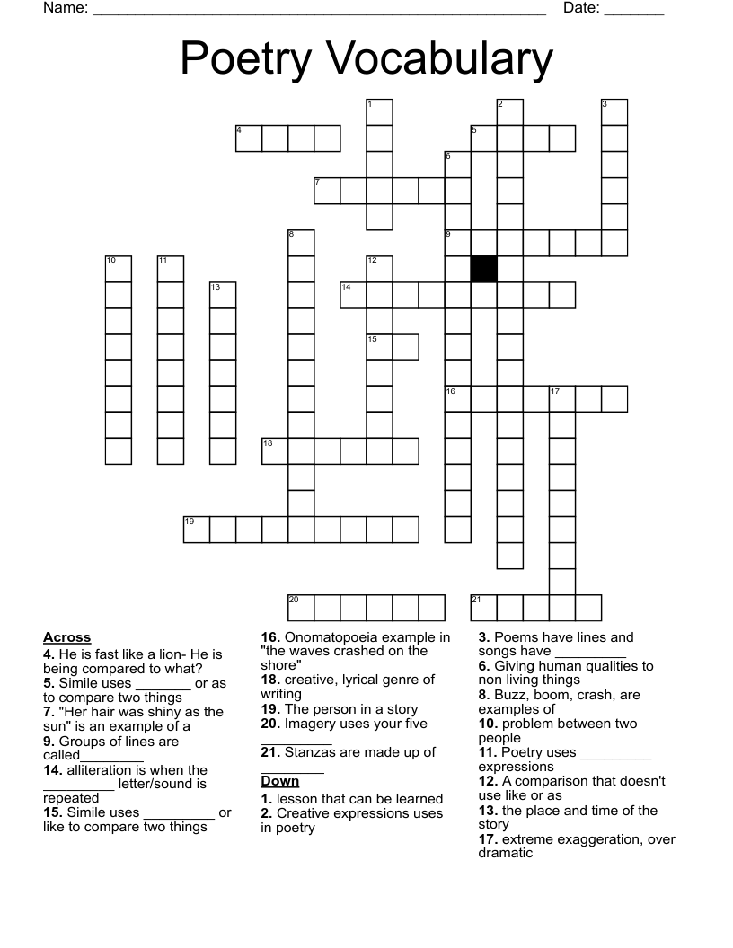 Poetry Vocabulary Crossword
