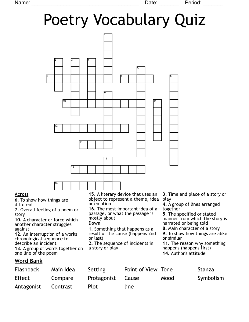 Poetry Vocabulary Quiz Crossword