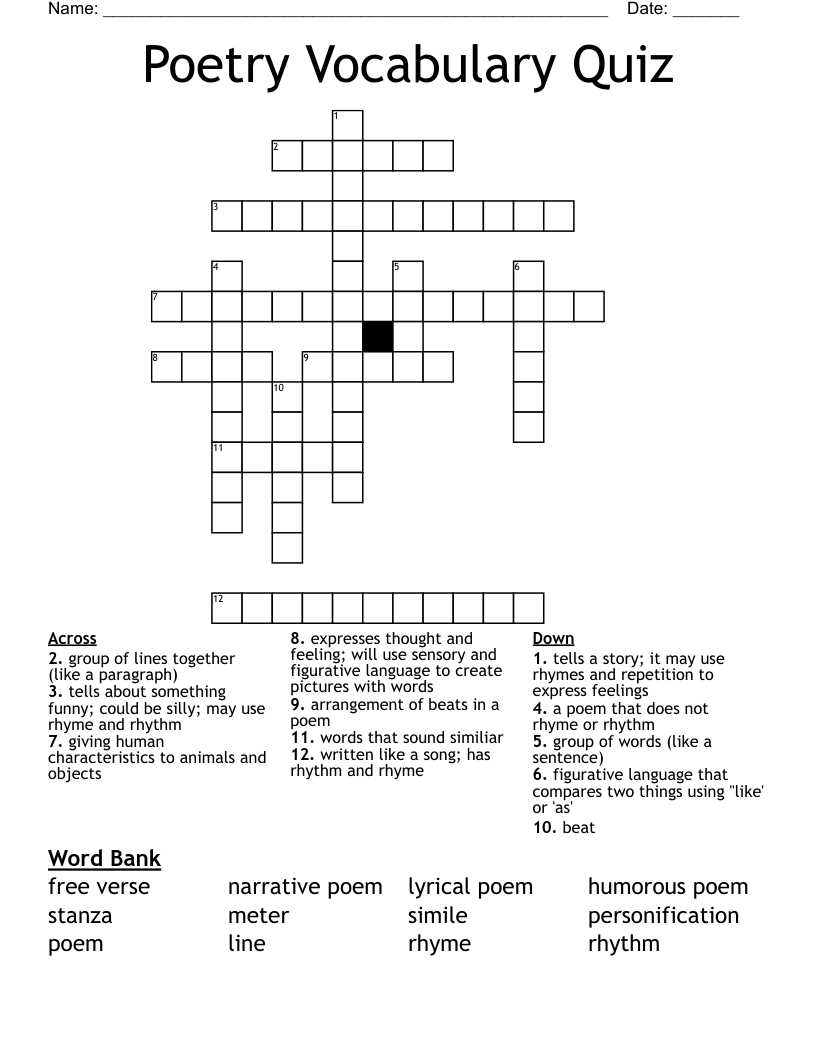 Poetry Vocabulary Quiz Crossword
