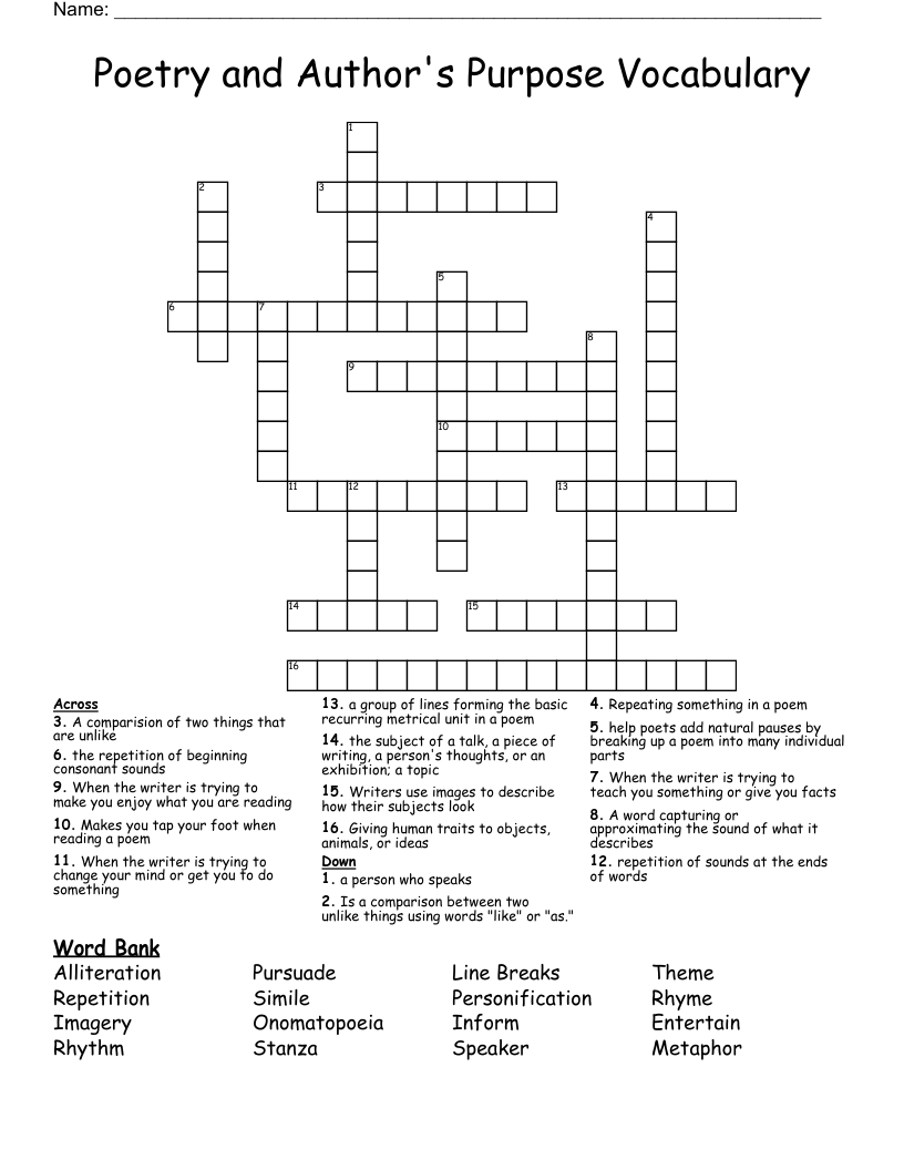 Poetry and Author's Purpose Vocabulary Crossword