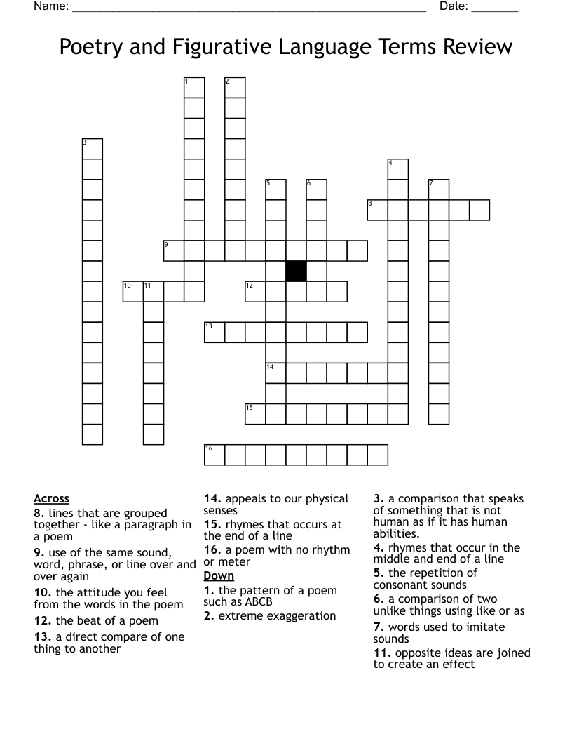 Poetry and Figurative Language Terms Review Crossword