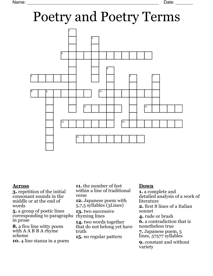 Poetry and Poetry Terms Crossword