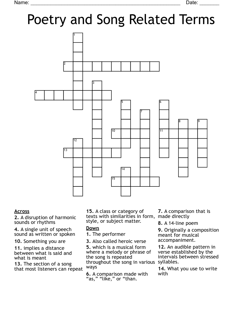 Poetry and Song Related Terms  Crossword