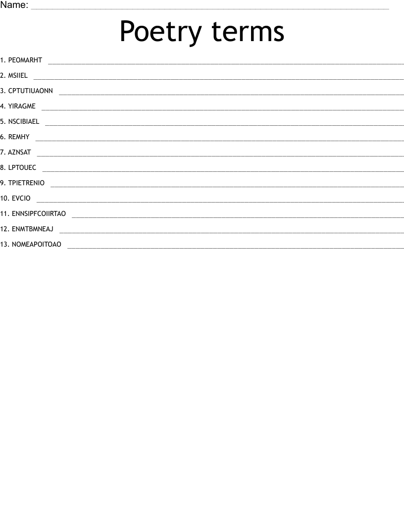Poetry terms Word Scramble