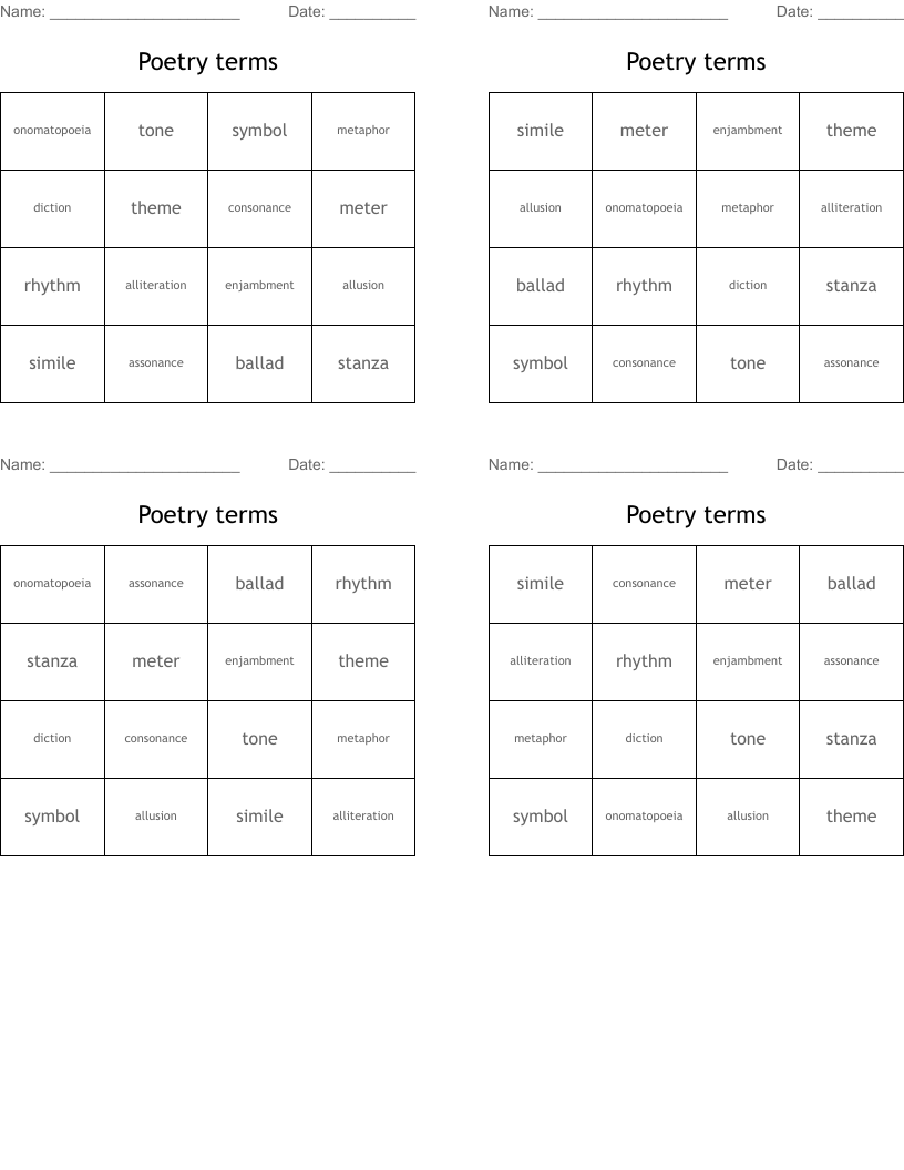 Poetry terms Bingo Cards