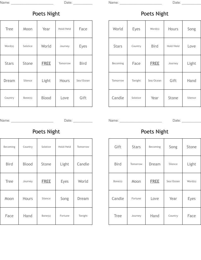 Poets Night Bingo Cards