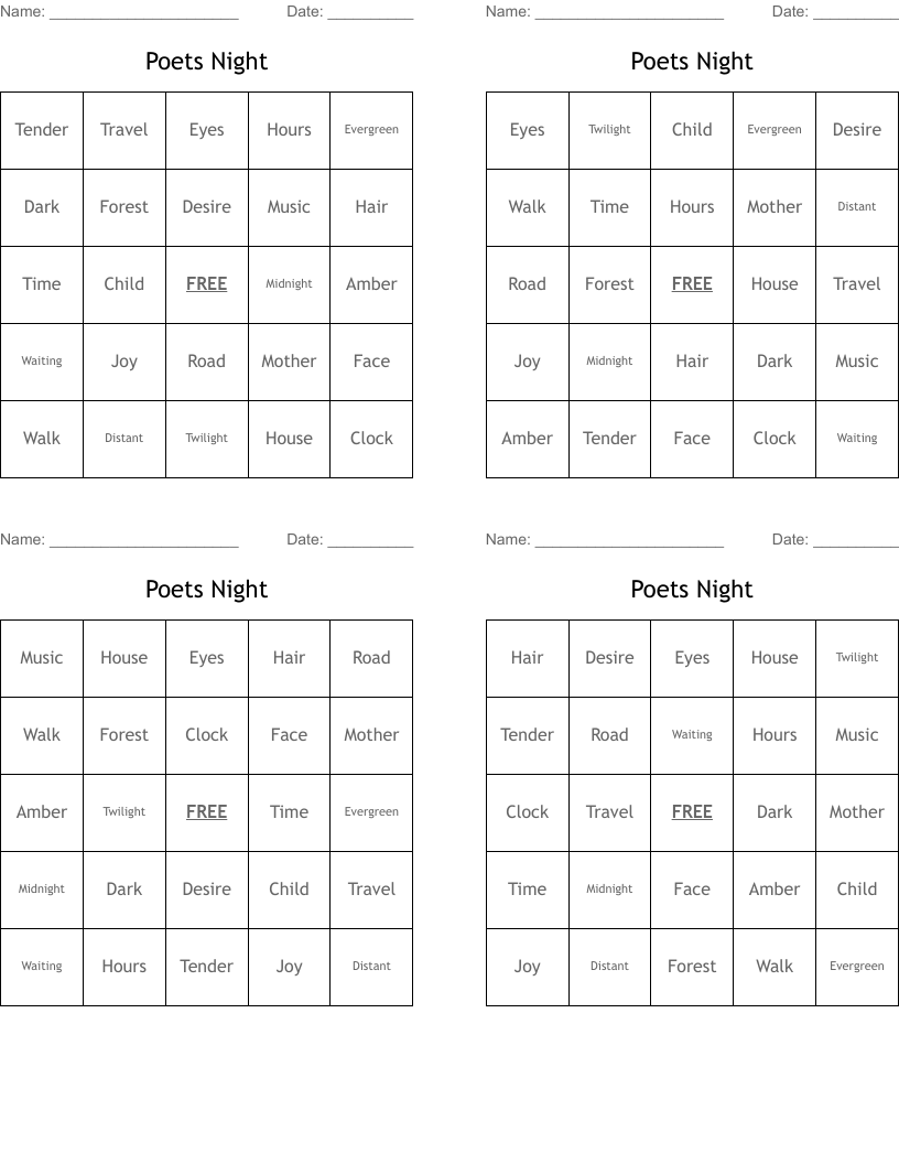 Poets Night Bingo Cards