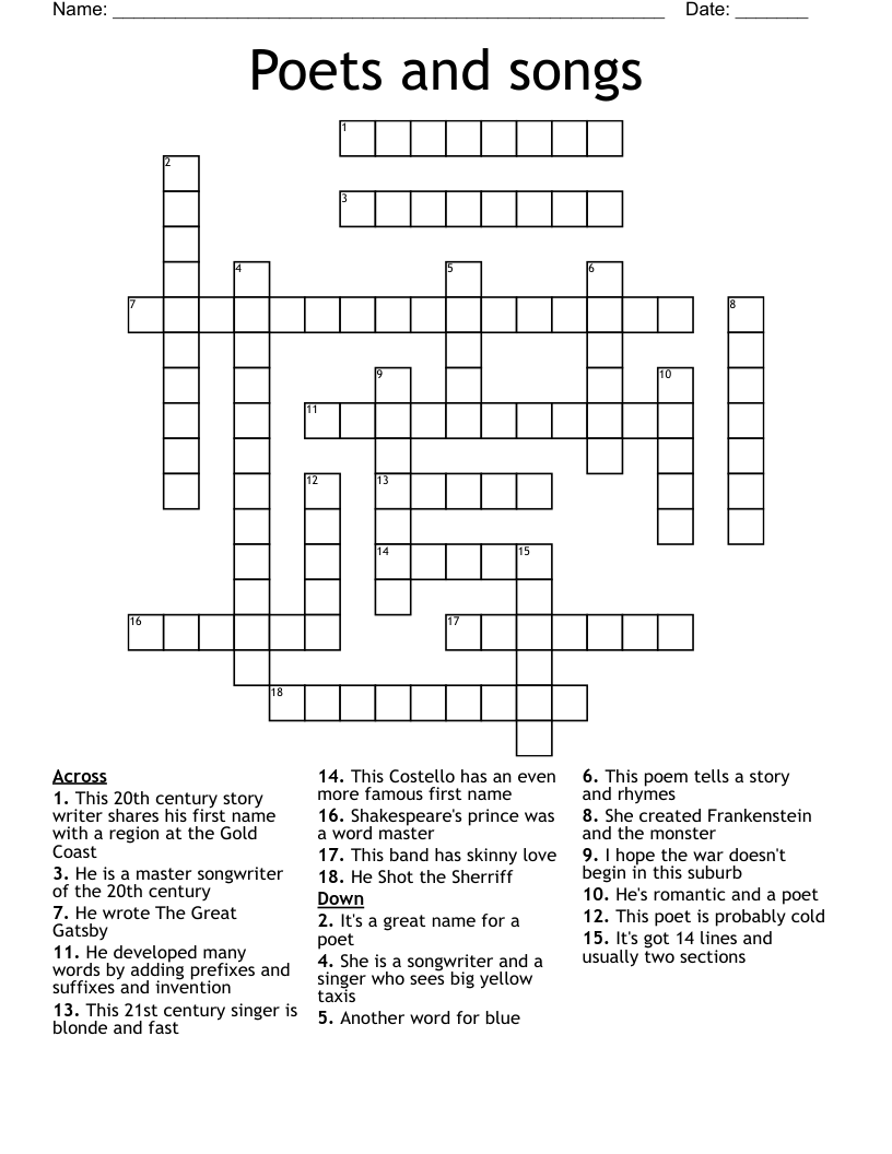 Poets and songs Crossword