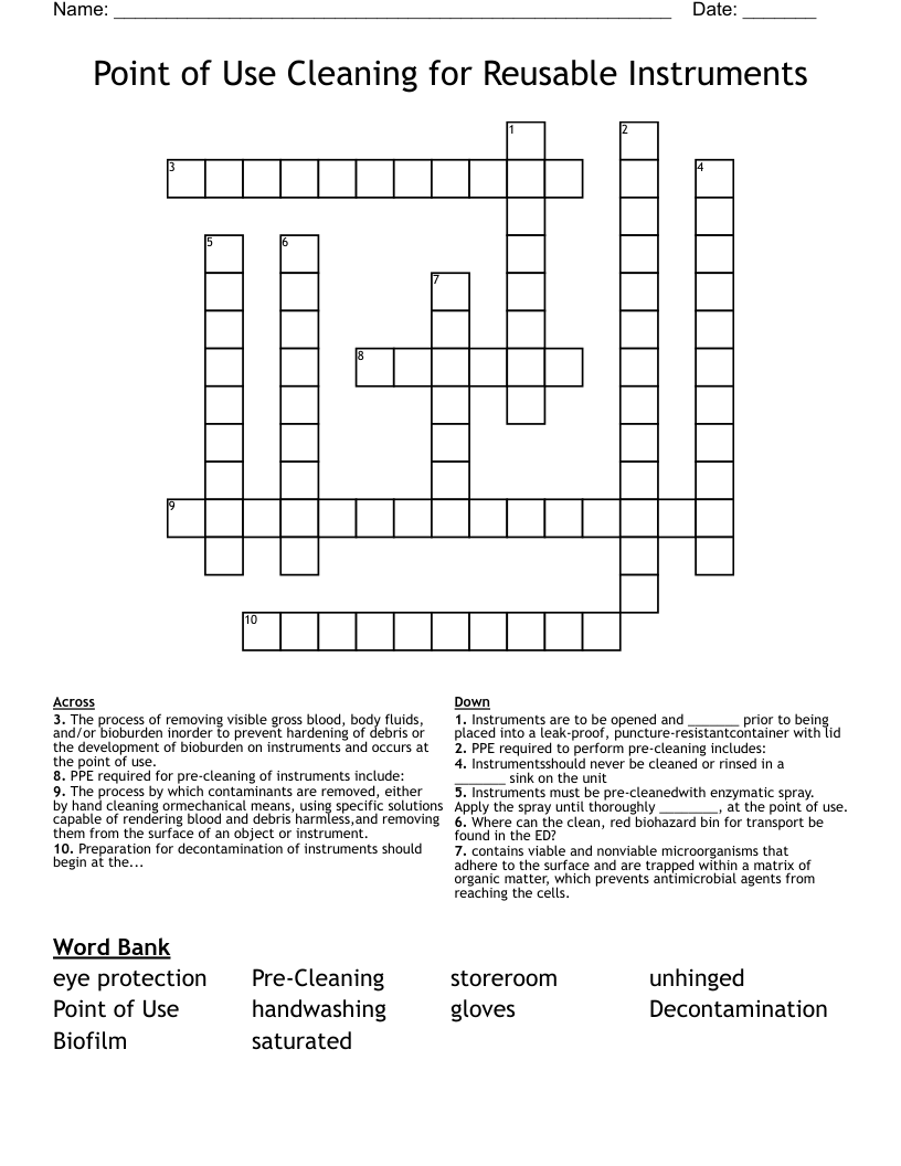 Point of Use Cleaning for Reusable Instruments Crossword