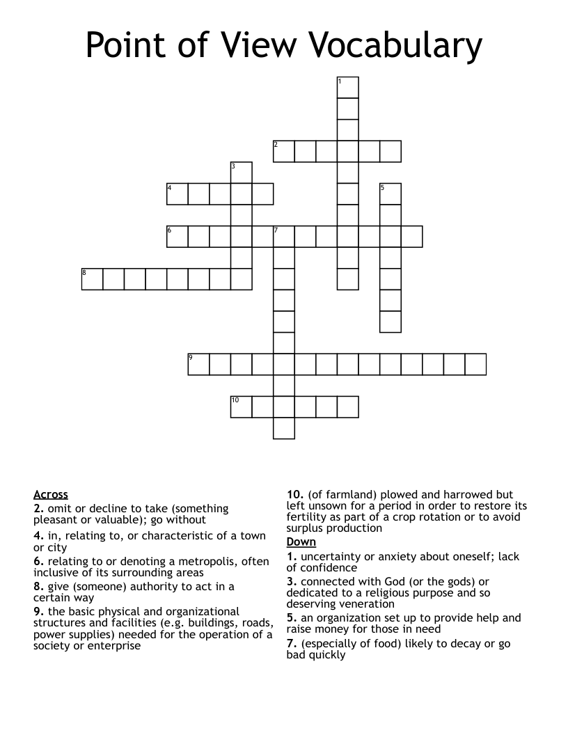 Point of View Vocabulary Crossword