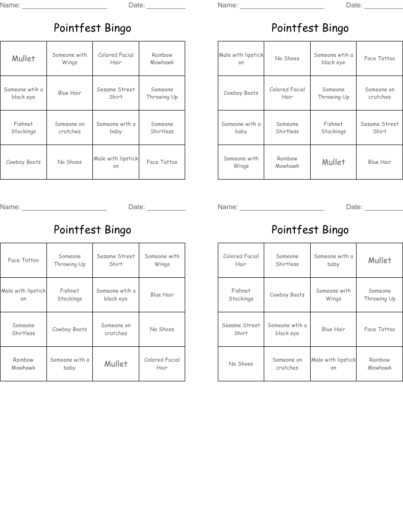 Pointfest Bingo