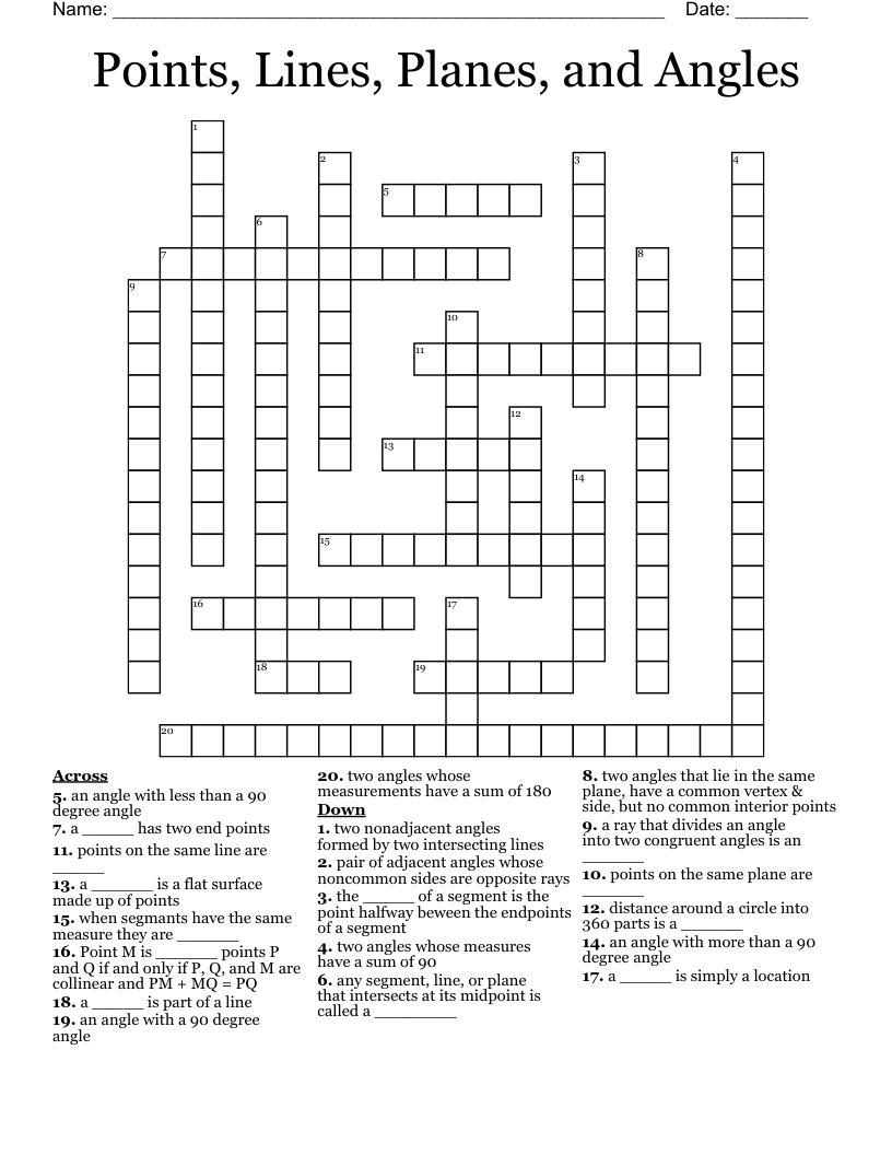 Points, Lines, Planes, and Angles Crossword