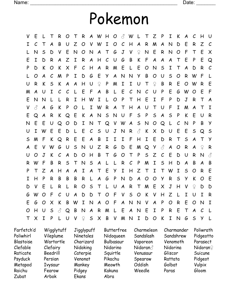 Pokemon Word Search