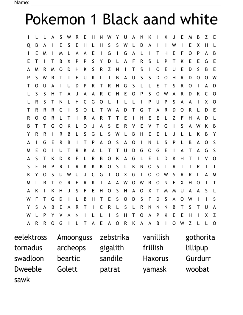 Pokemon 1 Black aand white Word Search