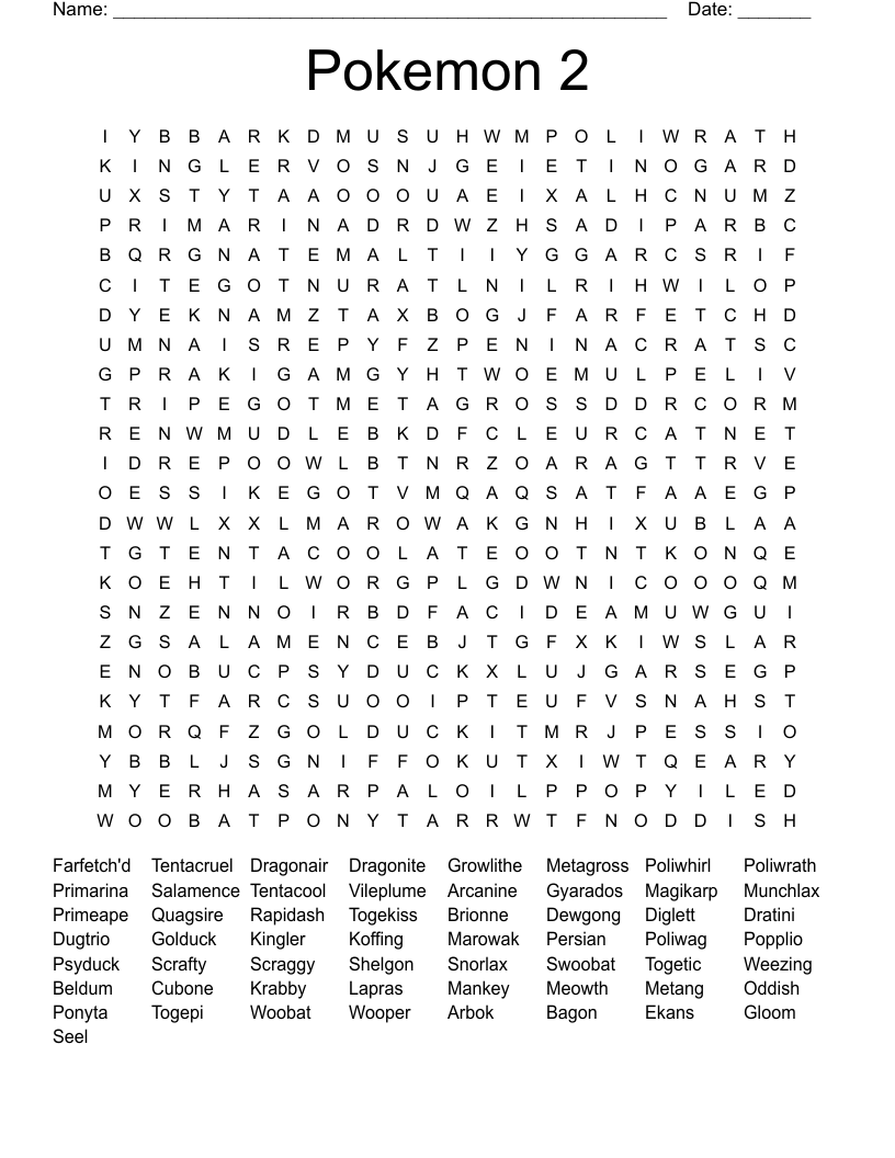 Pokemon 2 Word Search