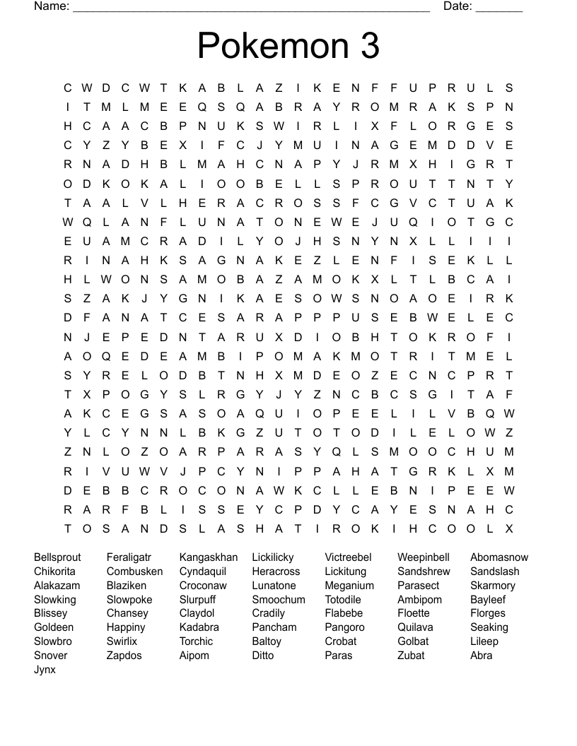 Pokemon 3 Word Search