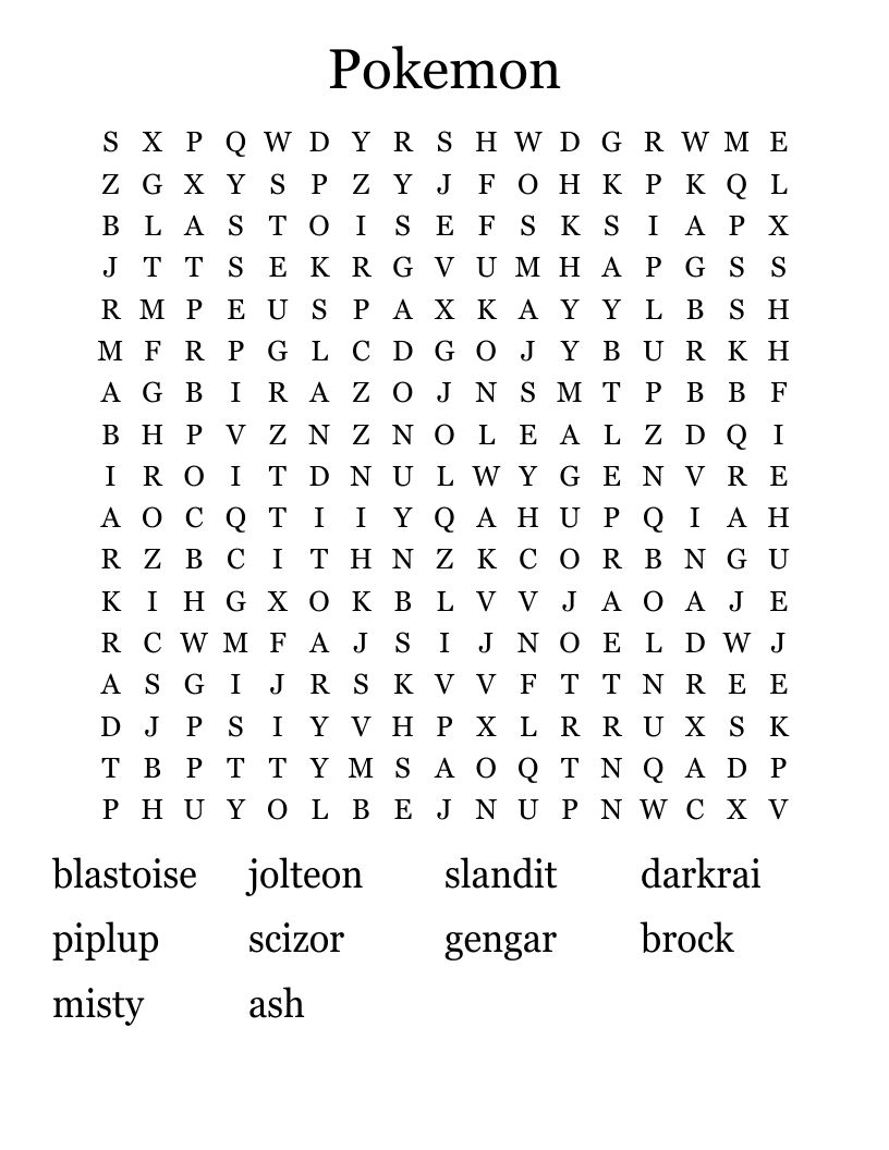 Pokemon Word Search