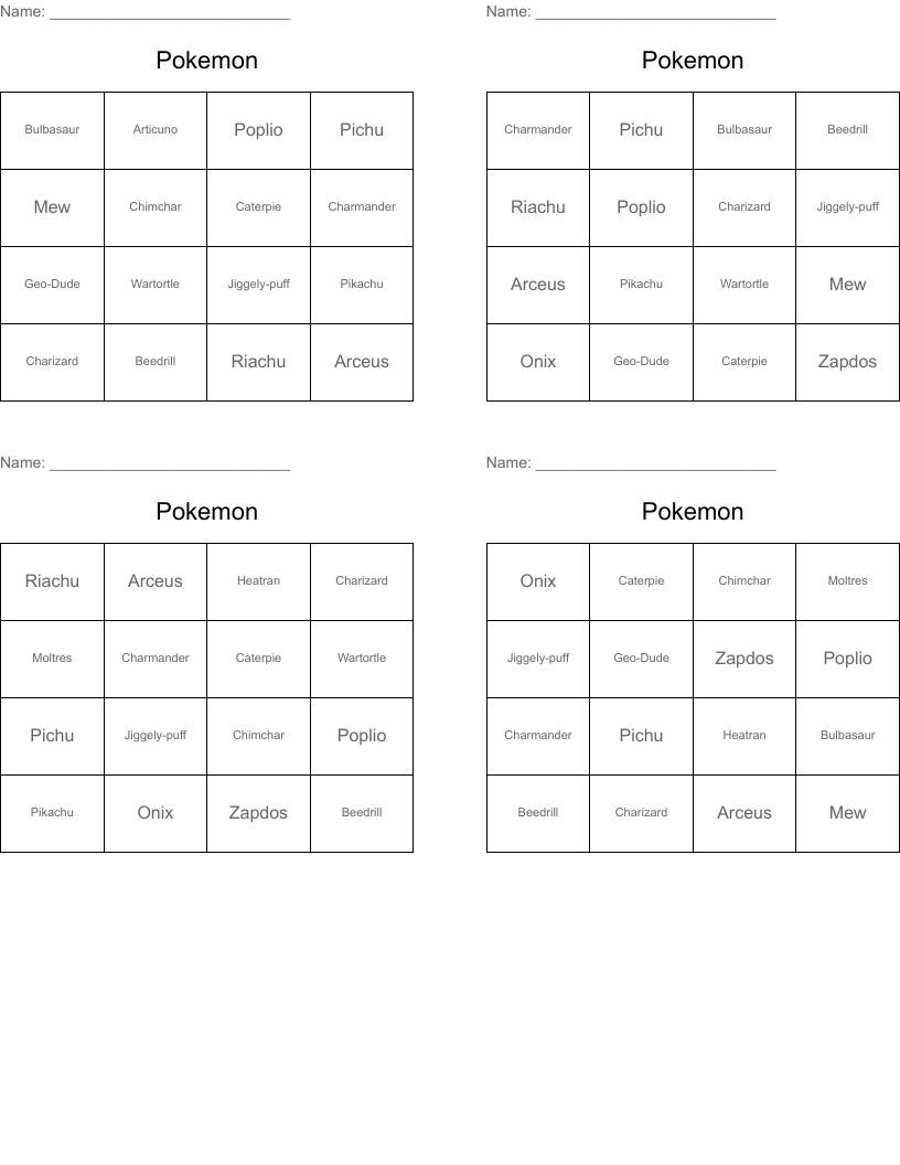 Pokemon Bingo Cards