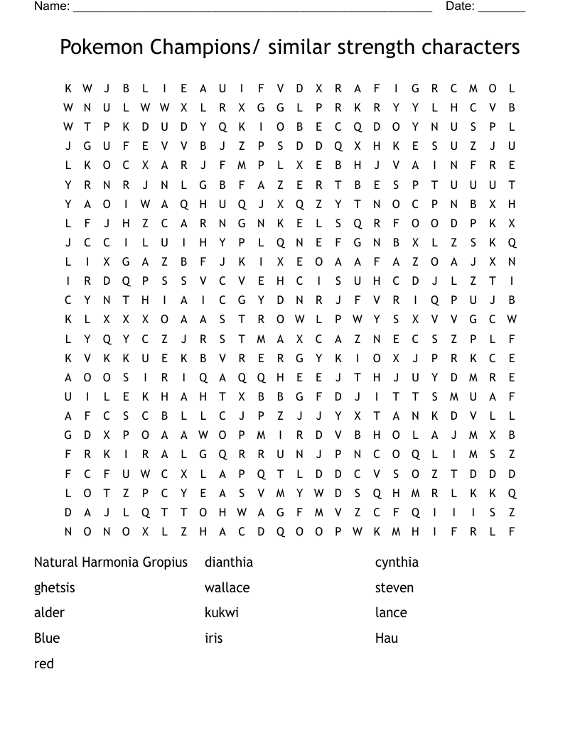 Pokemon Champions/ similar strength characters Word Search