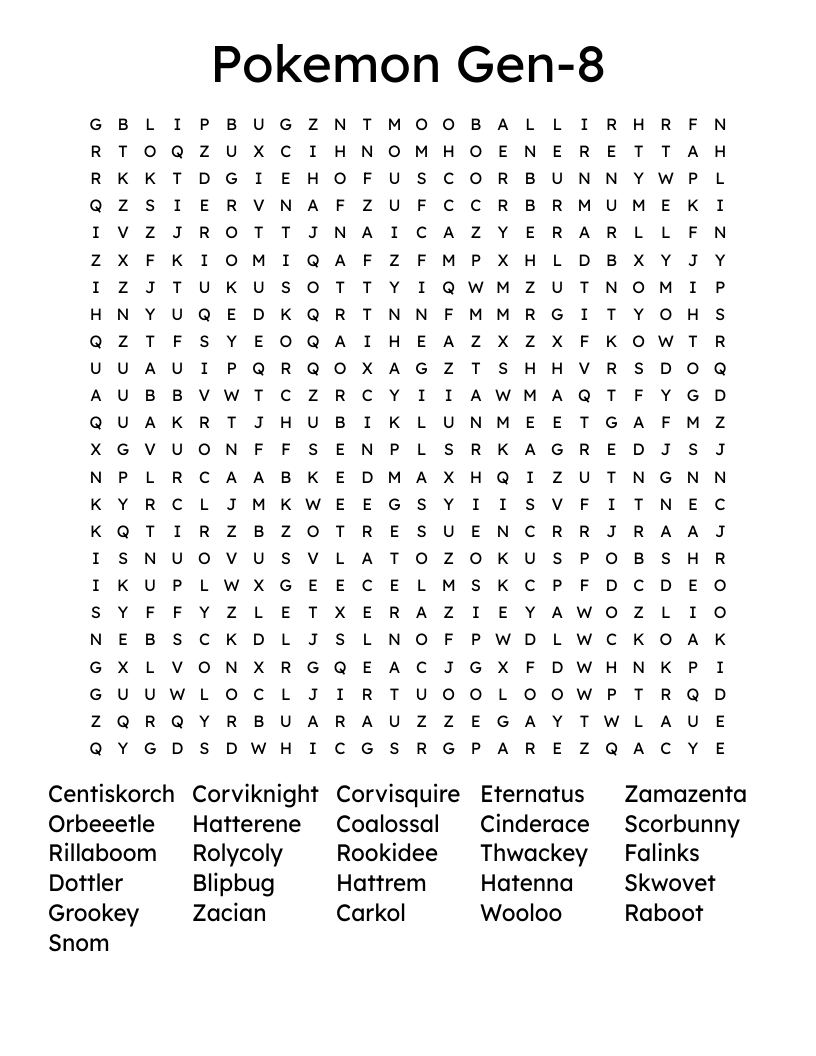 Pokemon Gen-8 Word Search