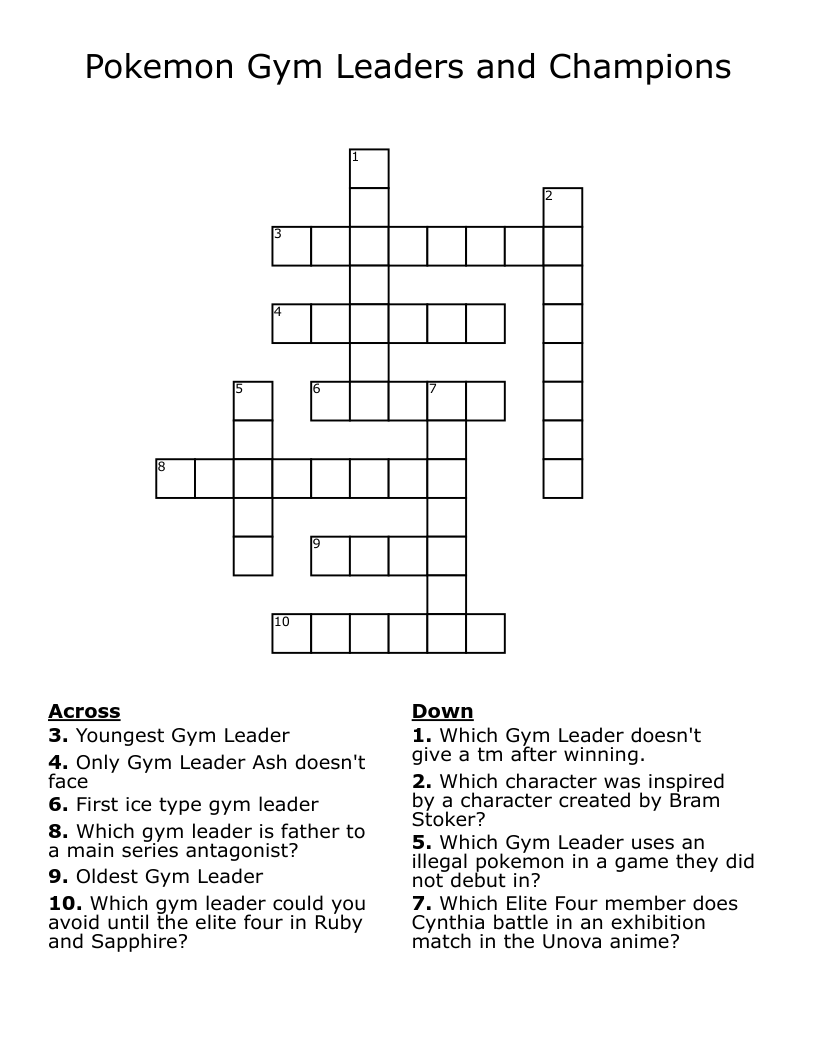 Pokemon Gym Leaders and Champions Crossword
