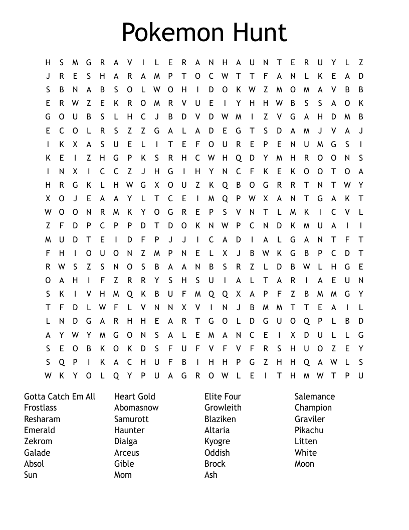 Pokemon Hunt Word Search