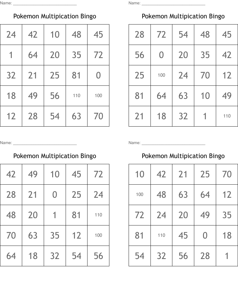 Pokemon Multipication Bingo