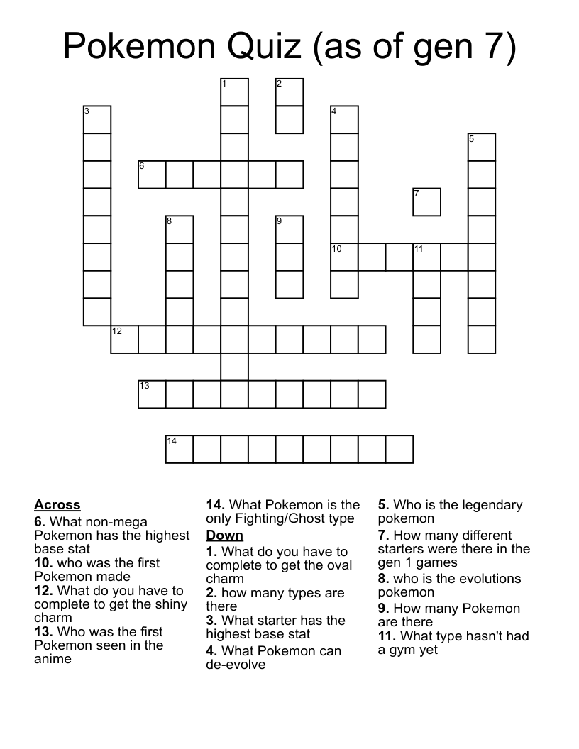 Pokemon Quiz (as of gen 7) Crossword