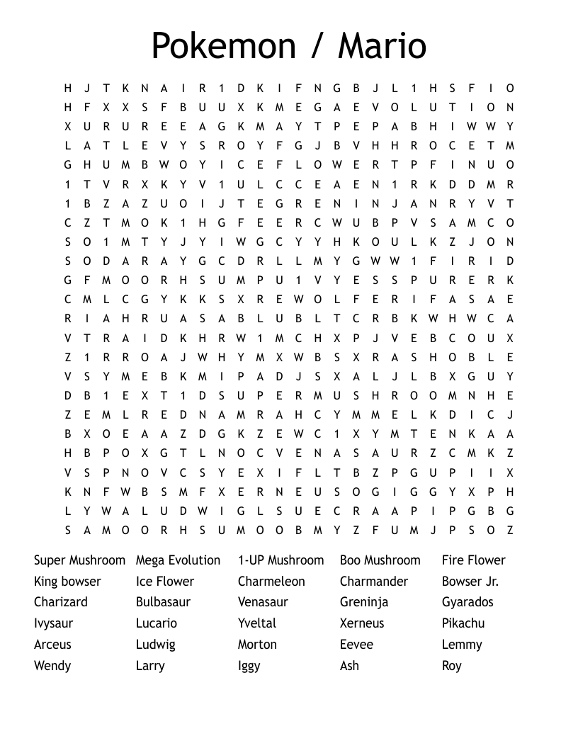 Pokemon / Mario Word Search