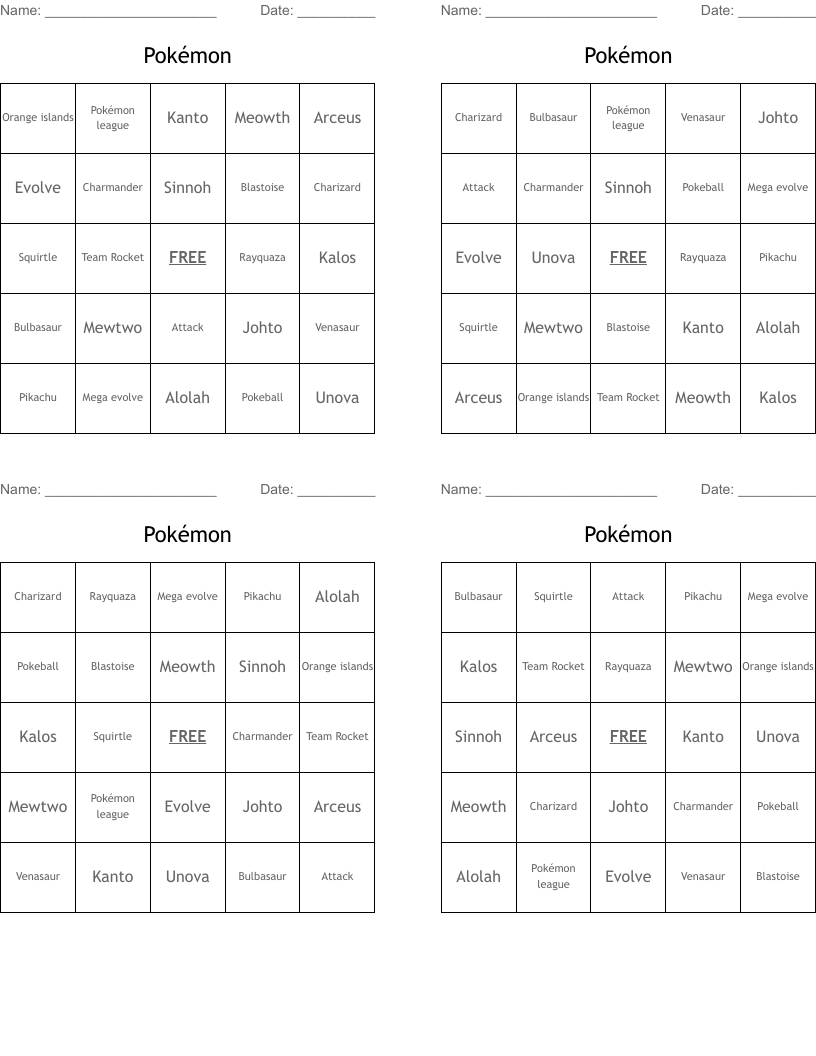 Pokémon Bingo Cards