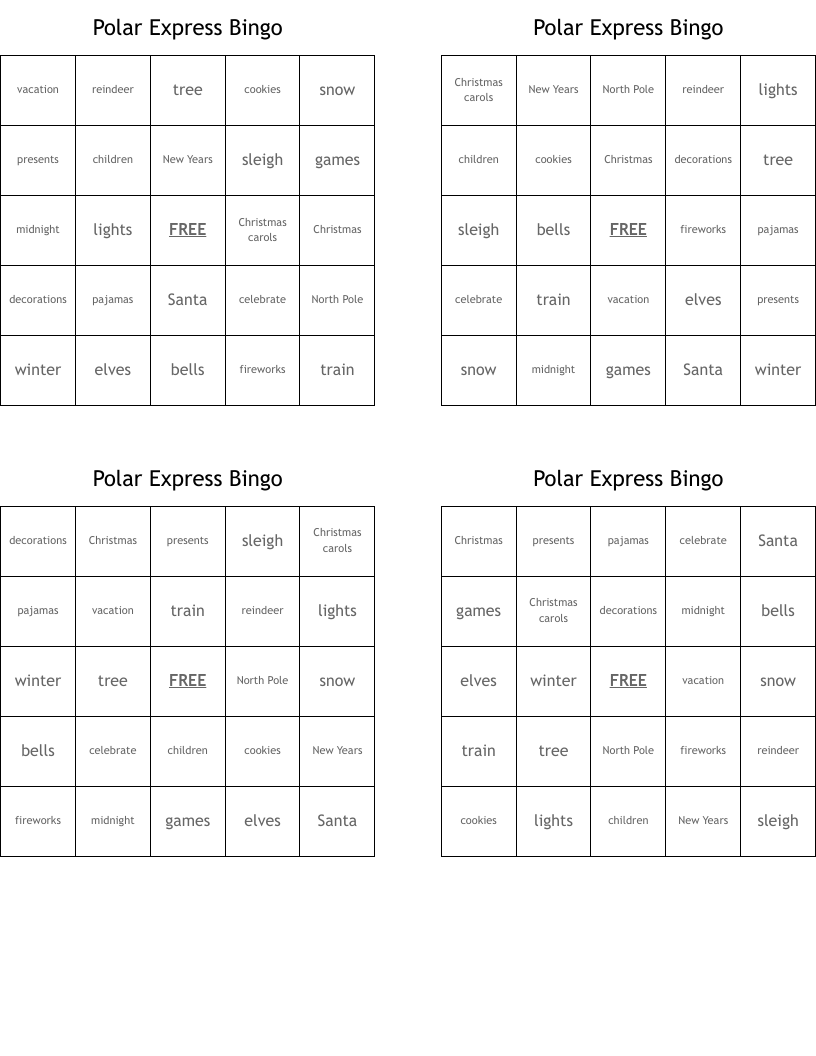 Polar Express Bingo