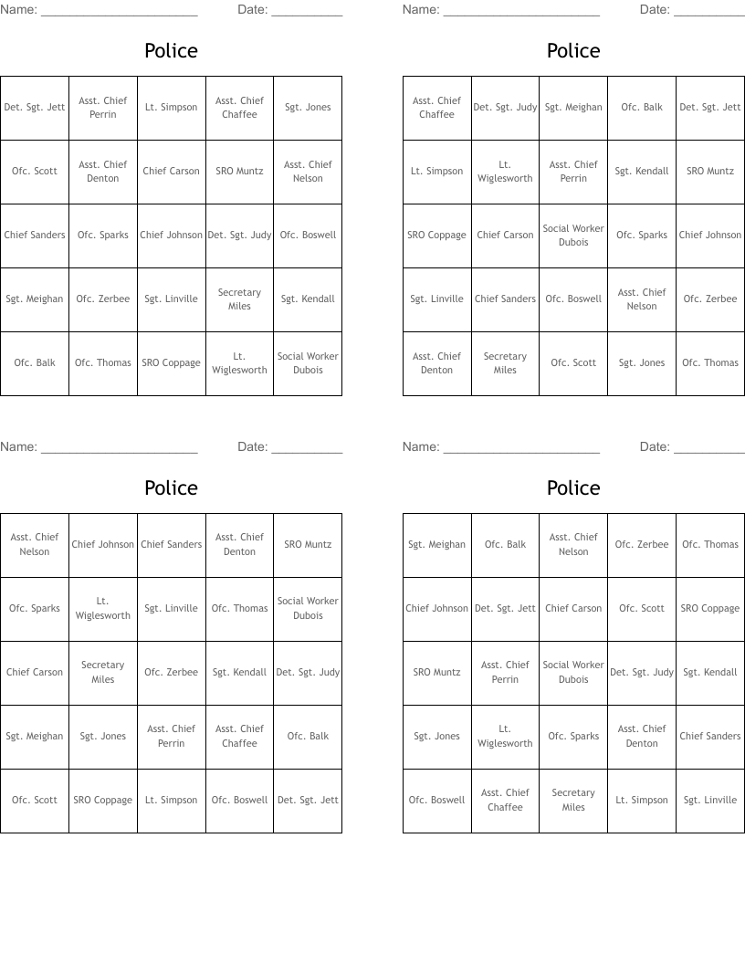 Police Bingo Cards