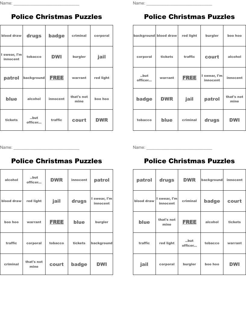 Police Christmas Puzzles Bingo Cards