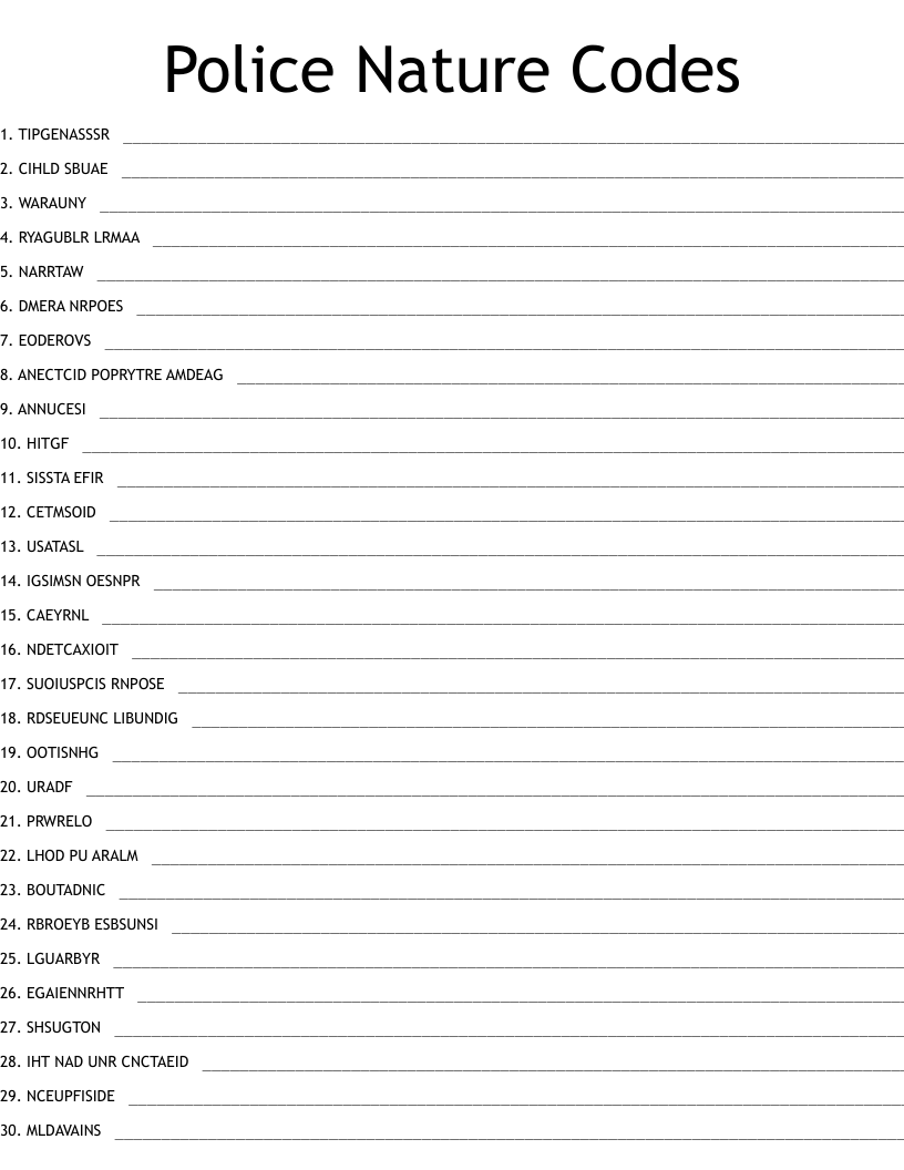 Police Nature Codes Word Scramble