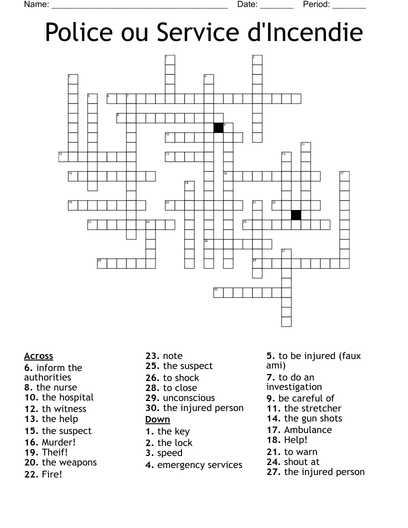 Police ou Service d'Incendie Crossword