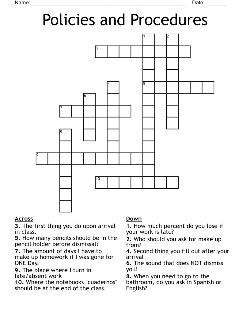Policies and Procedures Crossword