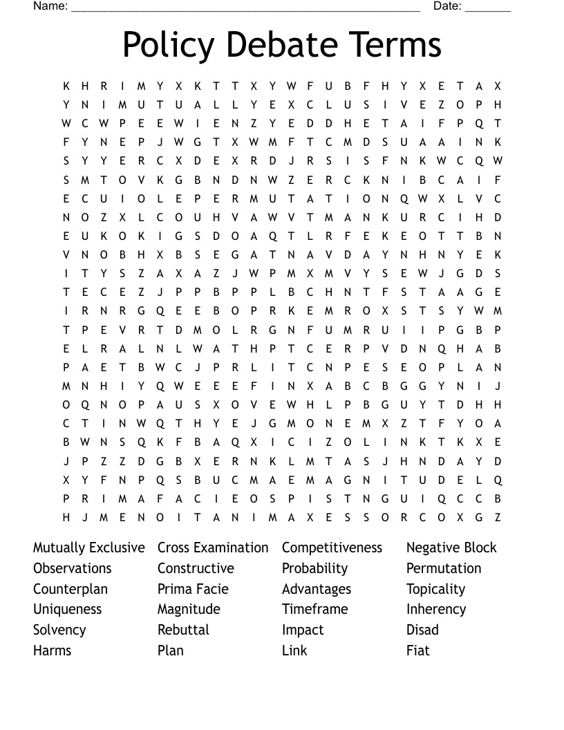 Policy Debate Terms Word Search
